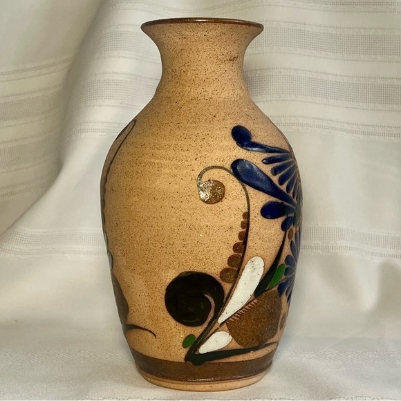 Mexican Sandstone Vase Tonala Folk Art Hand Painted VTG Signed EUC - Picture 2 of 8